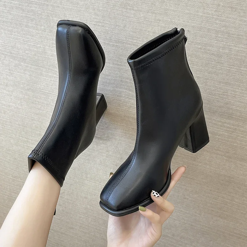 Women's Back Zipper Beige High Heels Ankle Boots Winter New Female Square Toe Chelsea Boots High Quality Mid Heel Short Botines