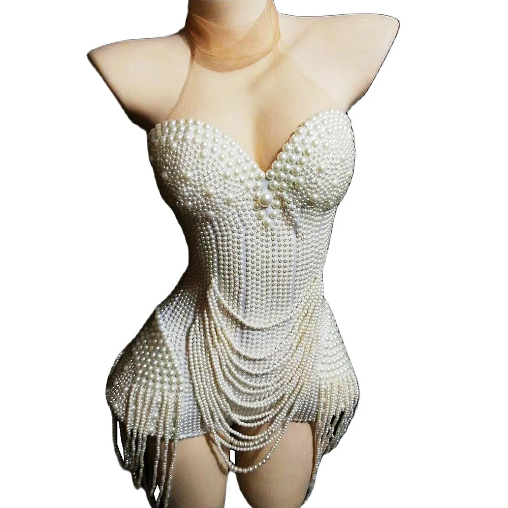 Beaded Pearls Women Birthday Party Bodysuits Mesh Jumpsuits Nightclub Singer Dancer Performance Drag Queen Stage Wear dance dress women costume set