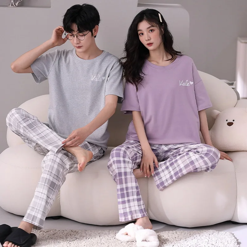 Couple Pajama Set Sleepwear Knitted Cotton Pyjamas Loungewear Cartoon Homewear Lover Pijamas Short Sleeved Men and Women Casual