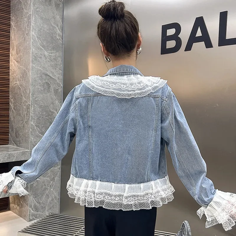 2025 Spring Autumn Women's Nail Bead Short Denim Jacket Female New Korean Version Design Sense Fashionable Lace Edge Jacket Top