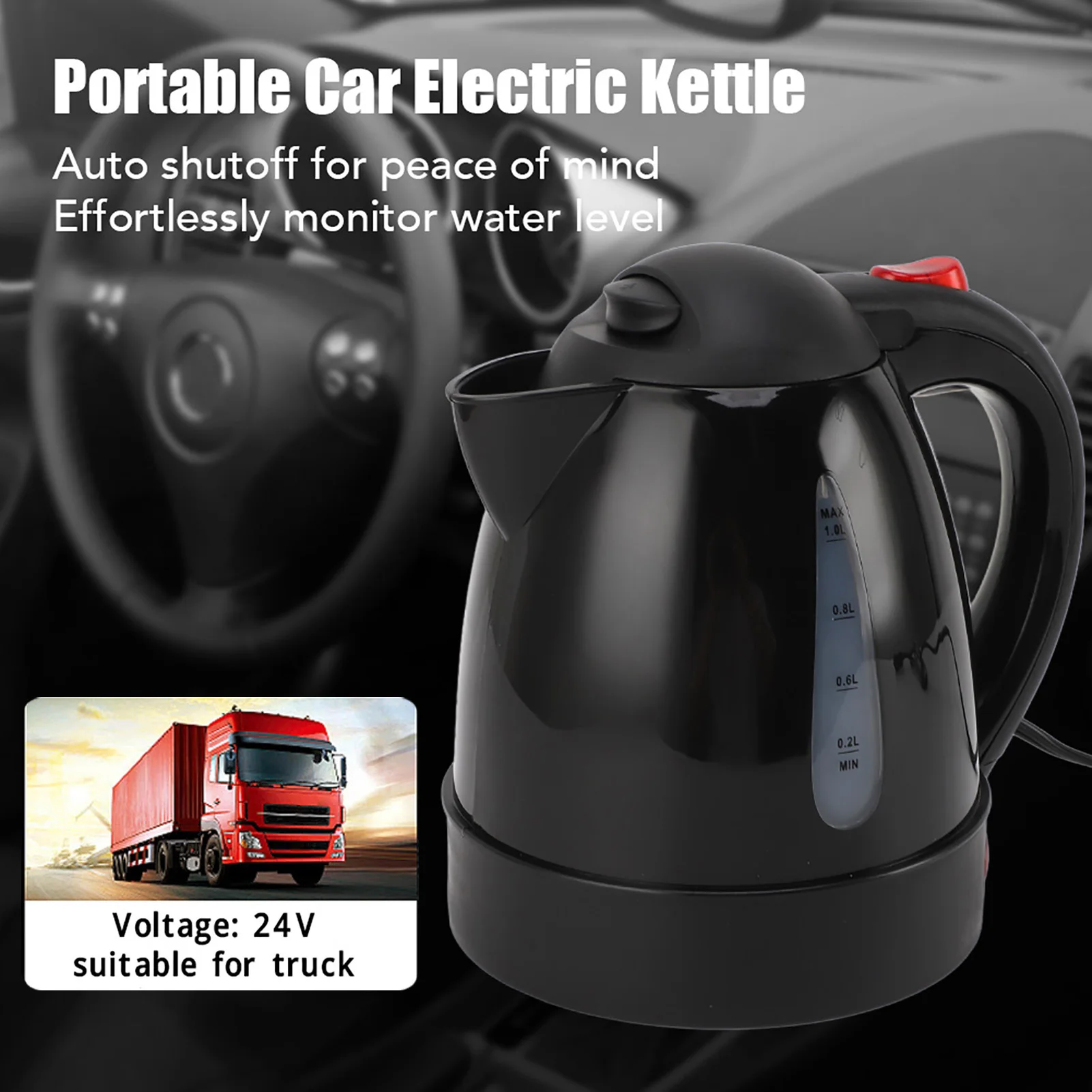 가열식 물 차 커피 주전자 24V 250W 수위창 1000ML 블랙 워터 보일러 히터 ABS 304 스테인리스 스틸 여행용