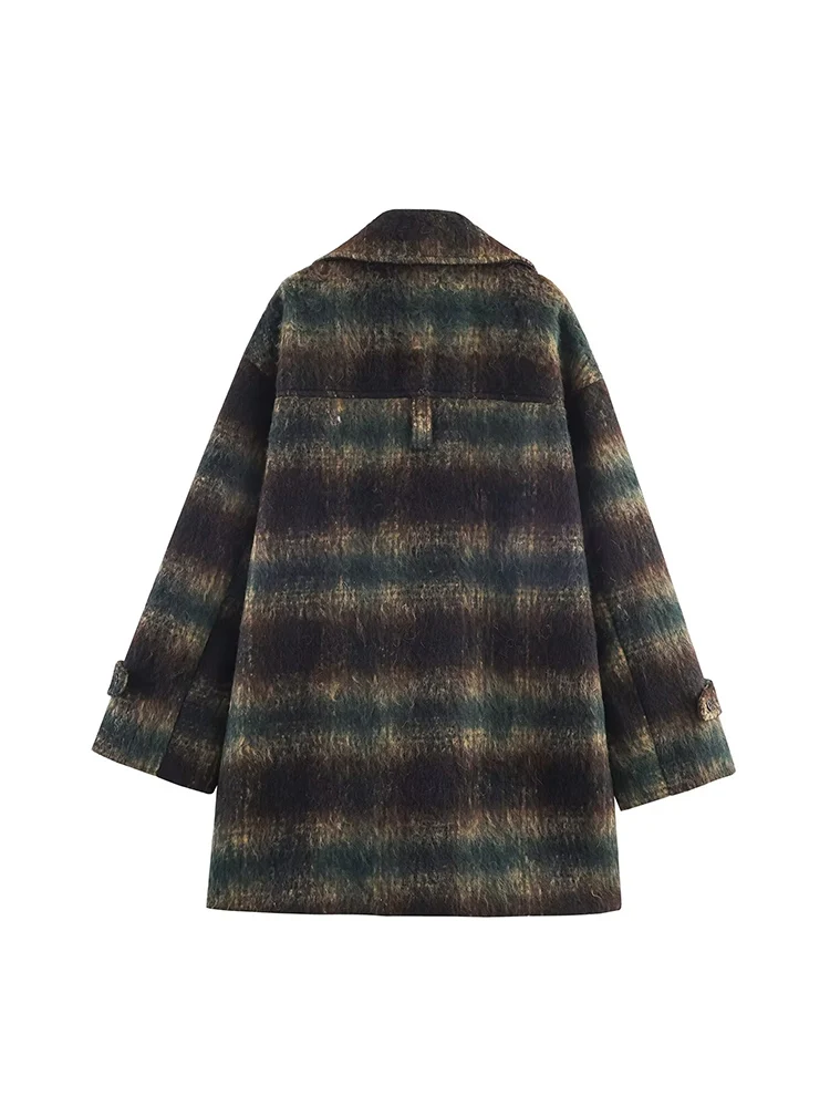New Women's Woolen Coat 2025 Autumn/Winter Plaid Lapel Loose Fit Long Sleeve Woolen Coat Elegant Lady Commuting Warm Jacket