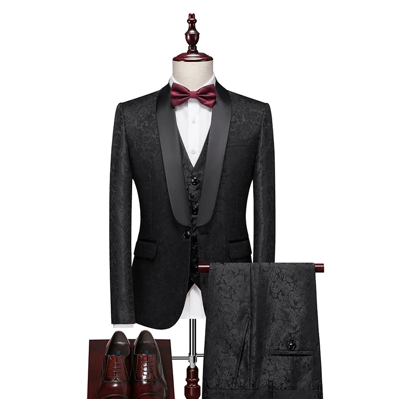 Men's High-Quality Evening Dress Suit Vest Trousers Three-Piece Set Bridegroom Business Casual British Style