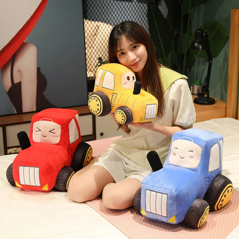 Red Yellow Blue Tractors Stuffed Plush Toy Traffic Transportation Plushie Car with Wheels Smiling Face Home Decor Gift