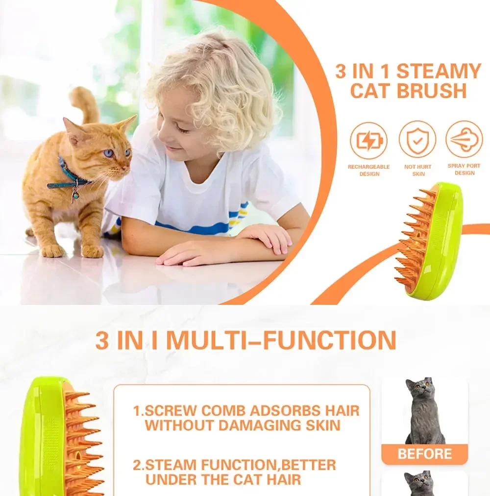 A child and an orange cat sit with the SteamSoft Gentle Cat Brush by KittyNook Cat Co., perfect for reducing shedding.