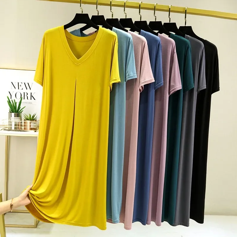 

Modal Cotton Short Sleeved Night Dress for Women's Summer Leisure Home Nightdress V-neck Pleated Oversize Loose Long Skirt