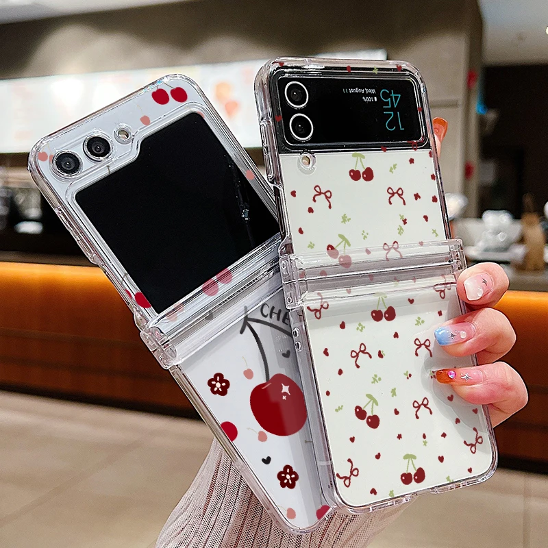 Clear Folding Phone Case with Cute Cherry Pattern - Durable PC Hard Cover