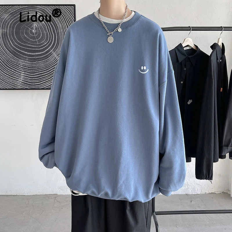 

Casual Solid Color Smiley Face Loose Man Sweatshirts New Long Sleeve High Quality O-collar Street Wear Fashion All-match Top