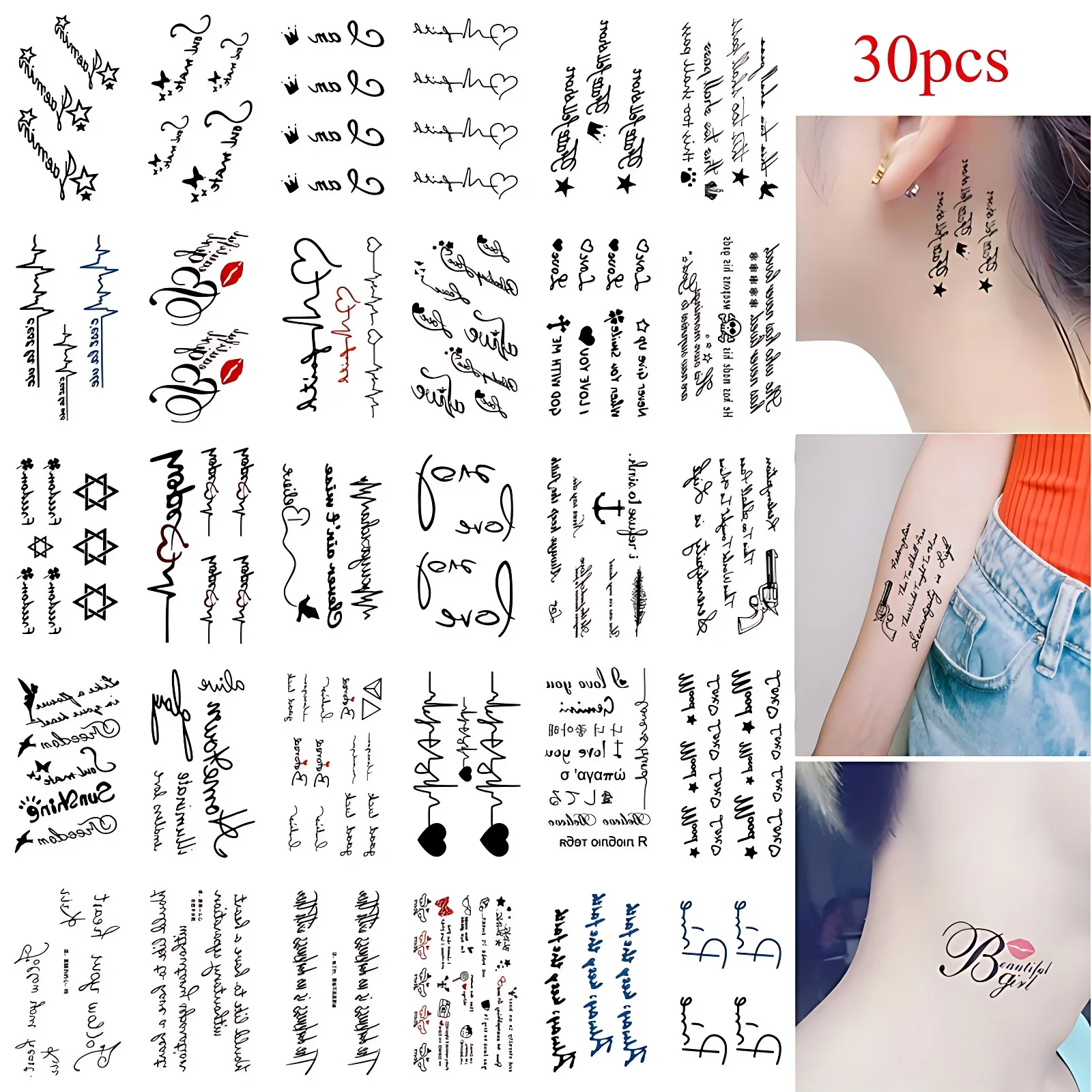 30pcs/set Transfer Text Tattoo Adhesive Waterproof English Letter Electrocardiogram Sentences Temporary Tattoos for Women Men