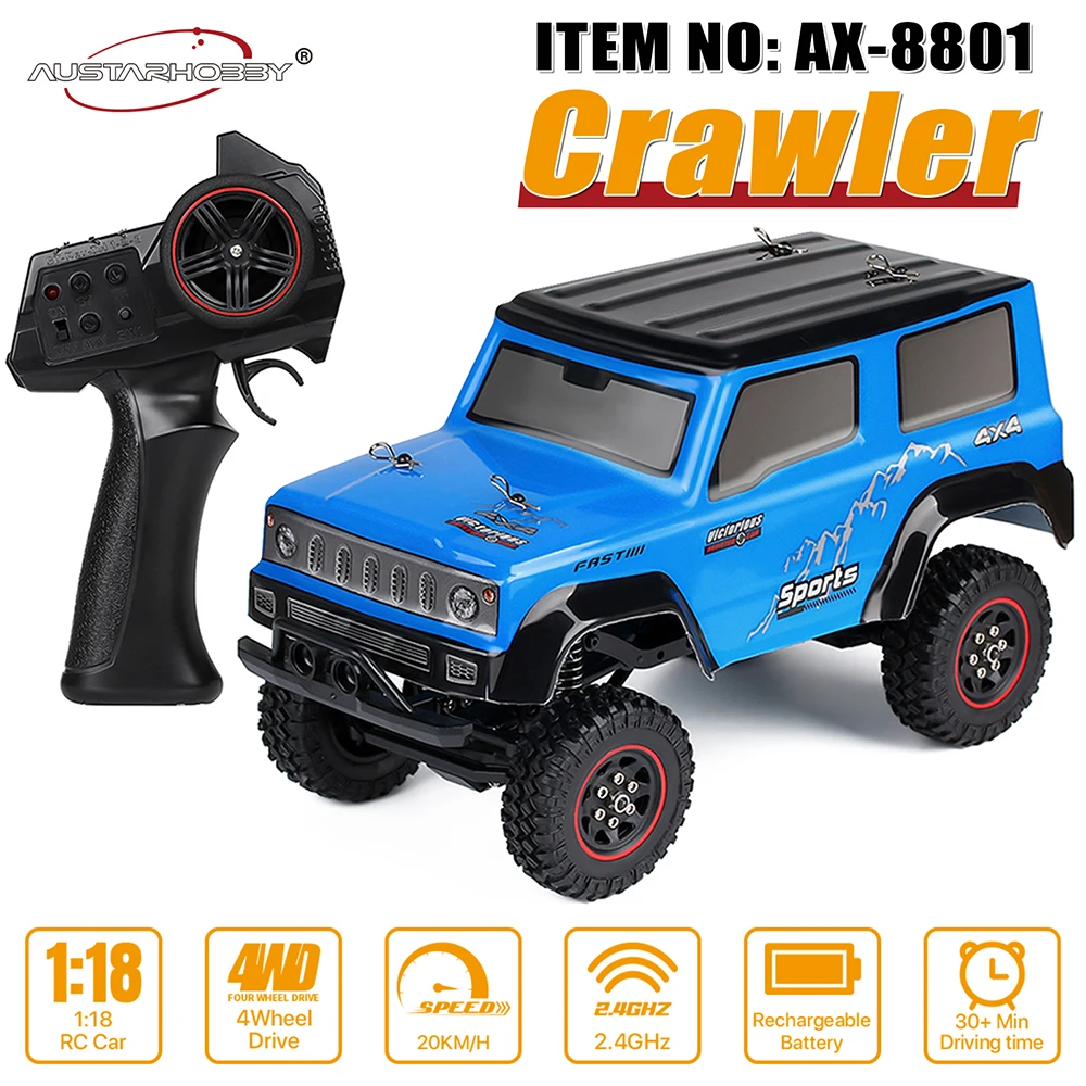 

AUSTARHOBBY 1/18 Scale 2.4Ghz 3CH RTR RC Rock Crawler Car 4WD Off-Road Climbing Truck Remote Control Model All Terrain Vehicle