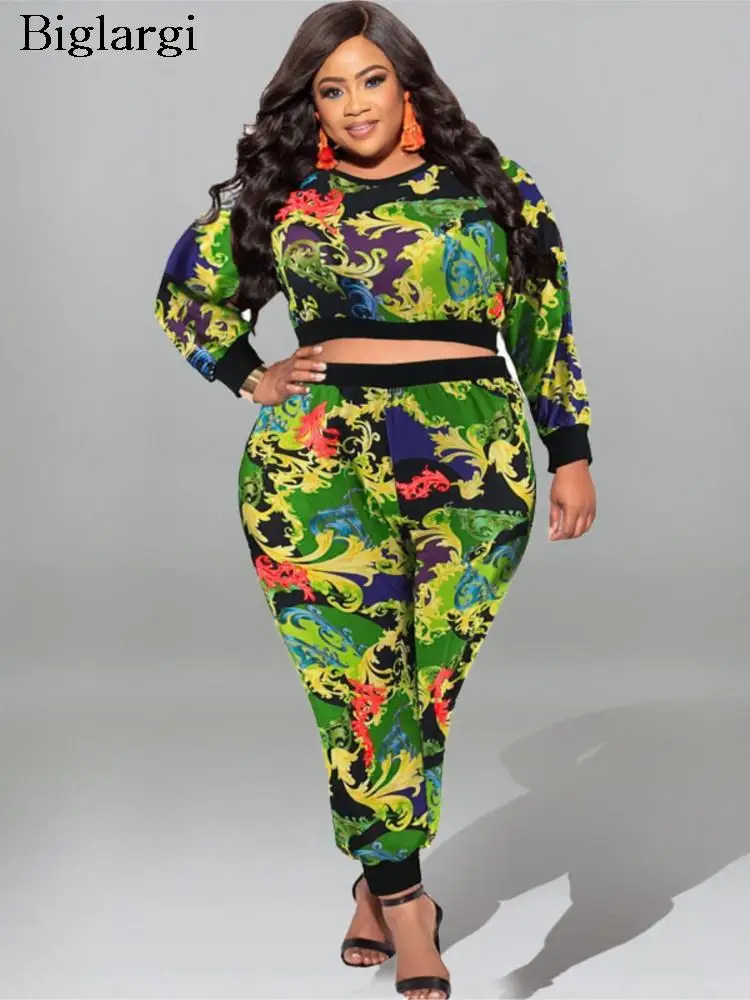 

Plus Size Autumn Floral Print 2 Two Piece Set Women Long Sleeve Ladies Cropped Tops Casual Modis Bodycon Woman Pencil Pant 2023