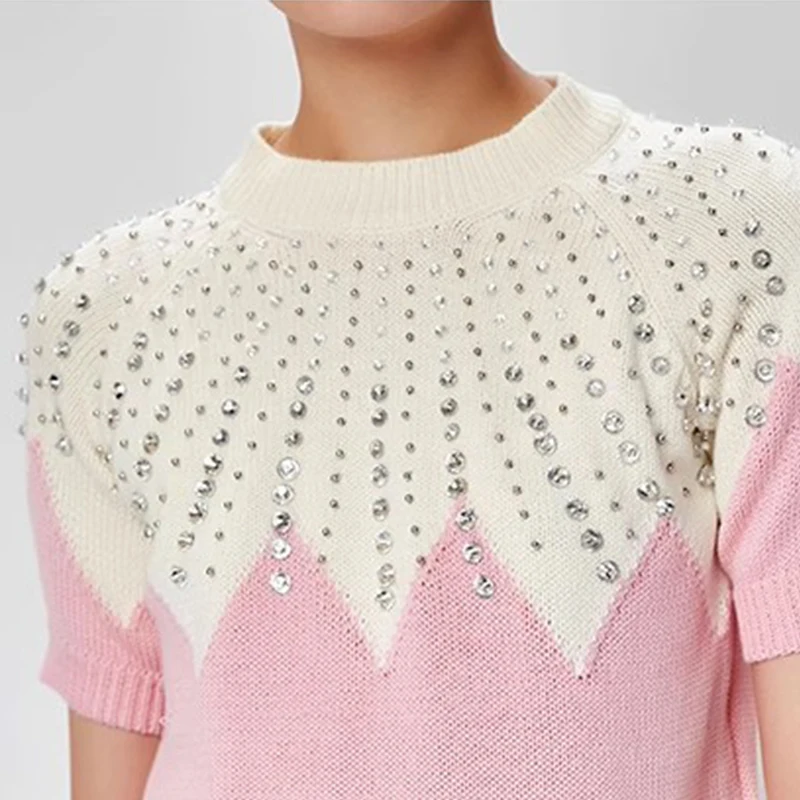 

Diamond Beaded O-Neck Short Sleeve Knitted Tees Top Pink White Contrast Knit Sweet Brand New T-Shirt 2023 Autumn Korean Fashion