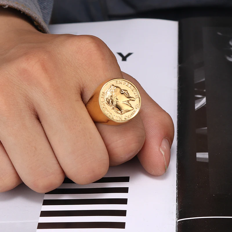 7-14 Edelstahl Menschlichen Kopf Männer Ring Gold Farbe Wasserdicht Solide Spiegel Polieren Finger Schmuck Großhandel Drop Shipping – Detail 9