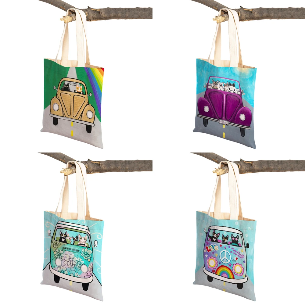 Fashion Cute Drive Car Cat Print Tote Handbag Pet Cartoon Animal Canvas Foldable Reusable Cloth Lady Shopping Shoulder Bag