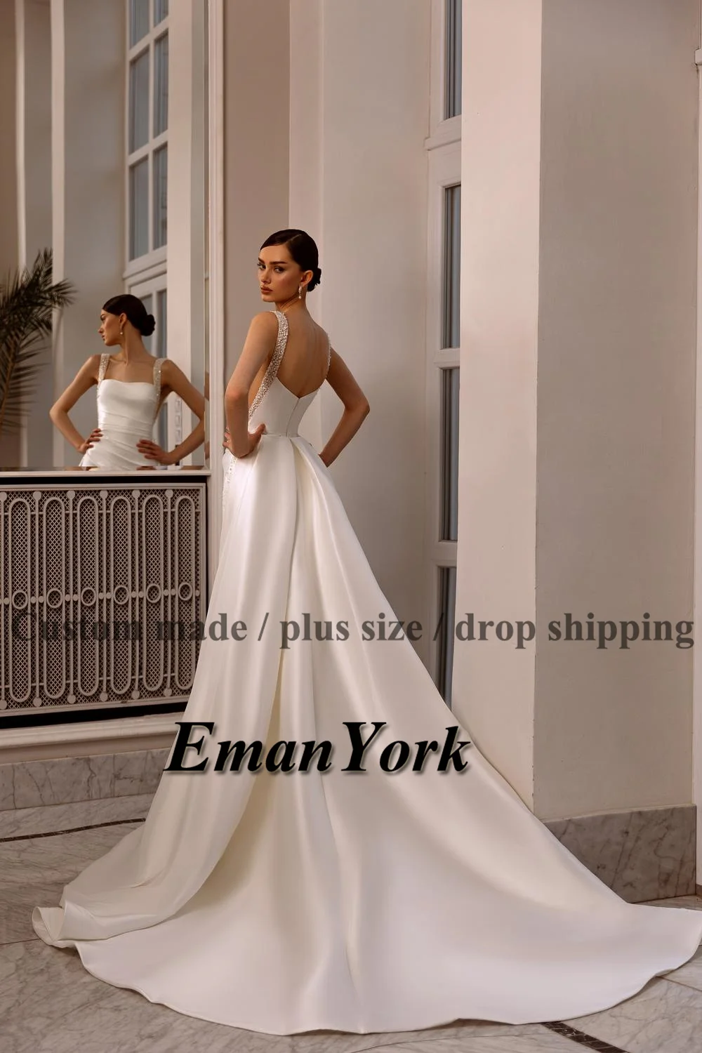 EmanY Classic Mermaid Wedding Dress For Brides Pearls Square Collar Pleat Tank Sleeveless Satin Vestido De Noiva Customized