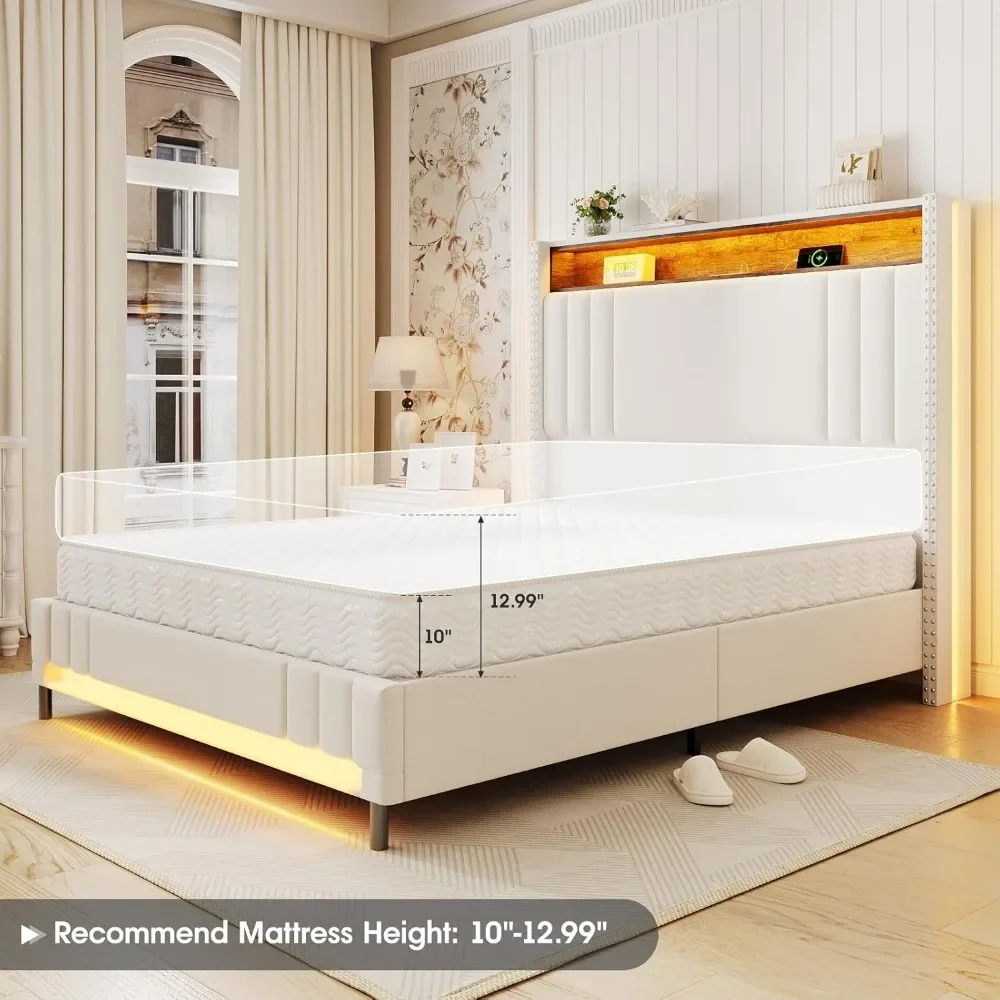 King Size Bed Frame with 51.6" Tall Headboard, Upholstered Platform Bed with Charging Station & Storage, No Box Spring Needed 6