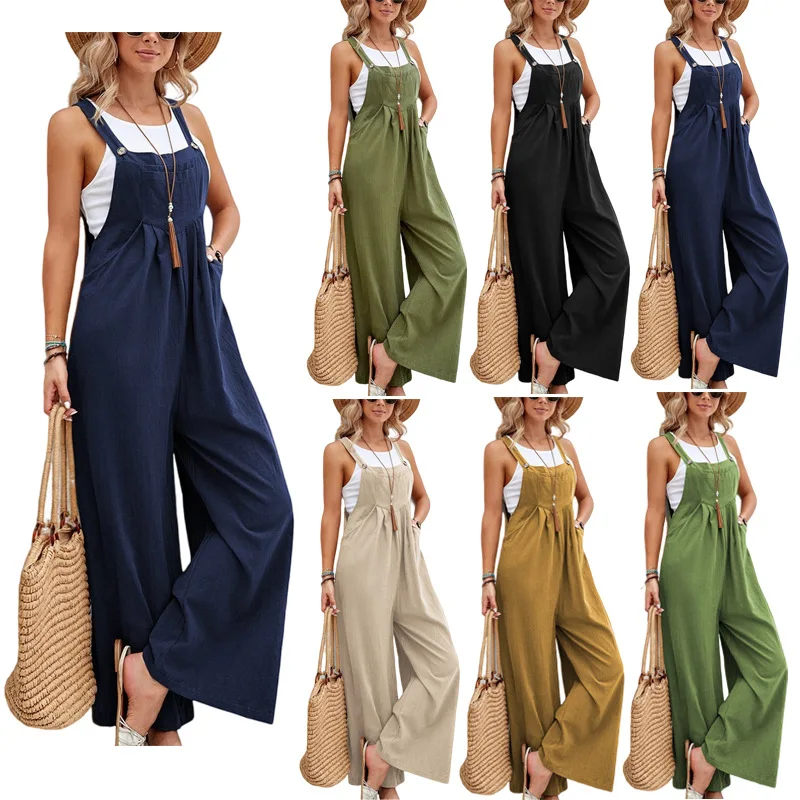 

2023 Solid Color Casual Strap Pants for Women's European and American Women's Fashion Popular Strap Pants Overalls Pants