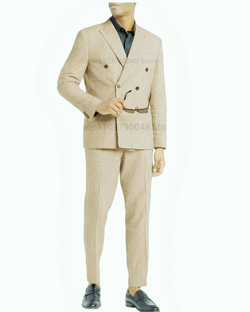 Casual Men's Brown/Blue Linen Peak Lapel Double Breasted Blazer Pants 2 Piece Wedding Groom Tuxedo Summer Prom Party Suits Set