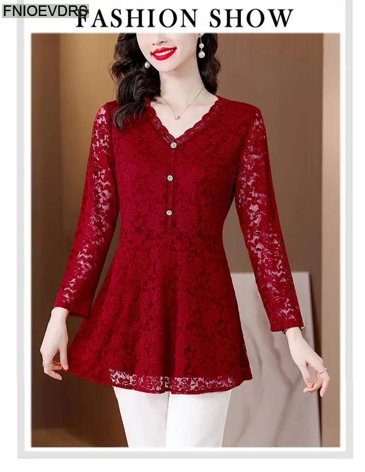 M-4XL 2023 Women Hot Sales Elegant Office Lady Work Button Black Lace Shirt Casual Belly A Line Tunic Peplum Tops And Blouses