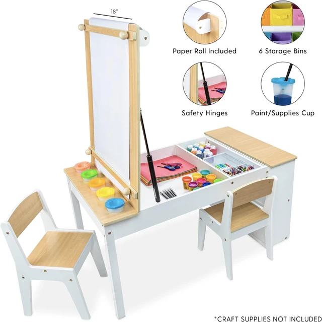 Milliard 2-in-1 Kids Art Table and Art Easel Table and Chair Set, Toddler  Craft and Play Wood Activity Table with Storage Bins and Paper Roll