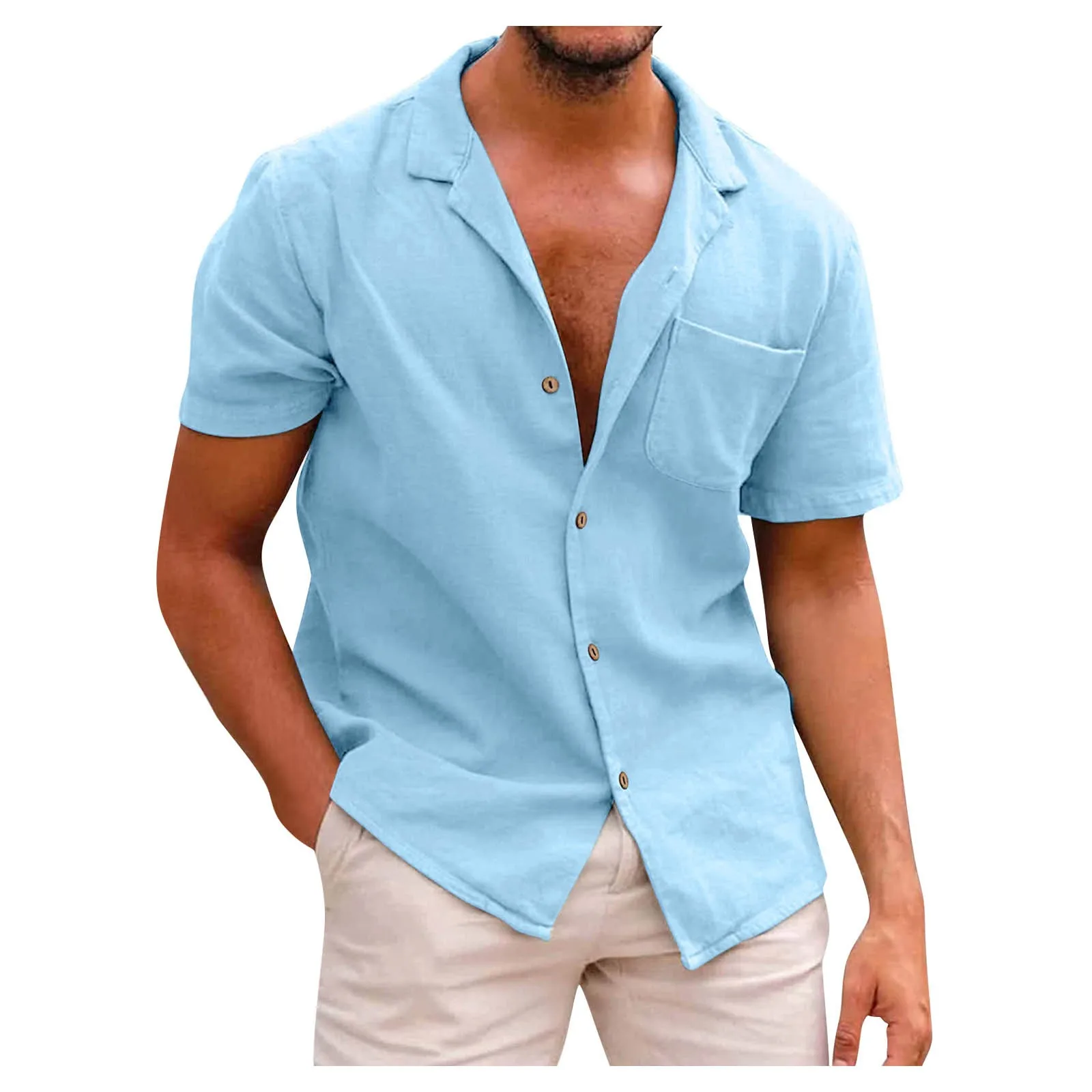 Men's Shirts Linen Short Sleeve Summer Solid Shirts Casual Loose Turn ...