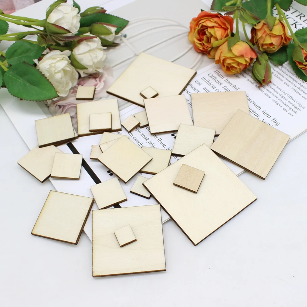 15/100pcs 10-50mm Unfinished squares Wood Sheet DIY Printed Blank Wooden Plate Model Slices Supplies Scrapbook Decorative Craft