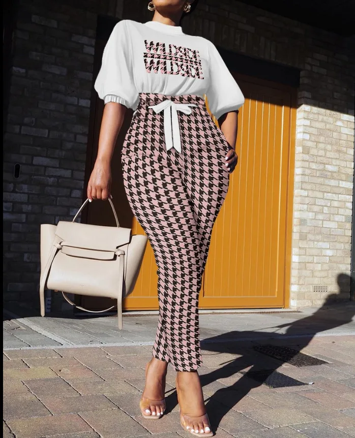 

Fashion Women Tracksuit 2 Piece Set Office Lady Half Sleeve Two Piece Set Sweatshirt Lattice Top Casual Trousers Ladies Suit