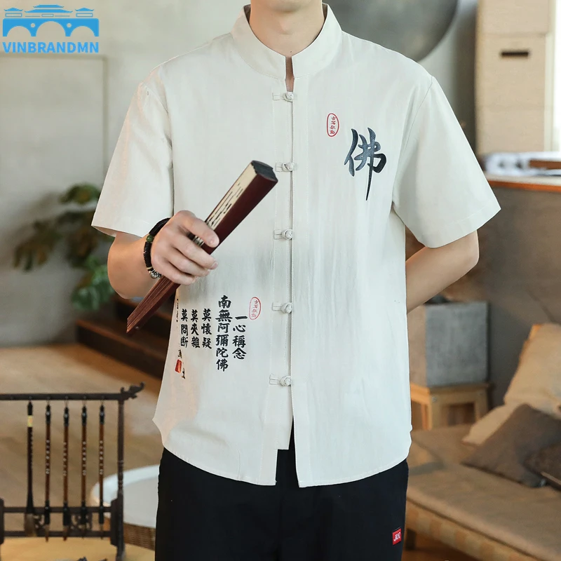 

2022 New Men's Summer Half Sleeve Shirt Cotton Linen Casual Breathable Shirts Traditional Chinese Style Solid Men Shirts 5XL