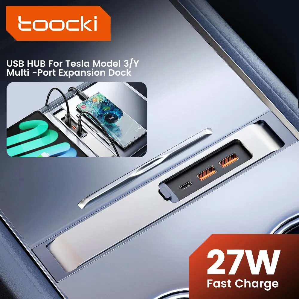 Toocki USB HUB PD 27W Quick Charger Type C Hub Docking Station USB Shunt Hub For Tesla Model 3 Y 3 Ports Powered Splitter Extens