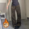 2025 Winter Girls Wide Leg Plush Thermal Jeans Female High Waist Denim Pants Women Baggy Leopard Print Fleece Trousers