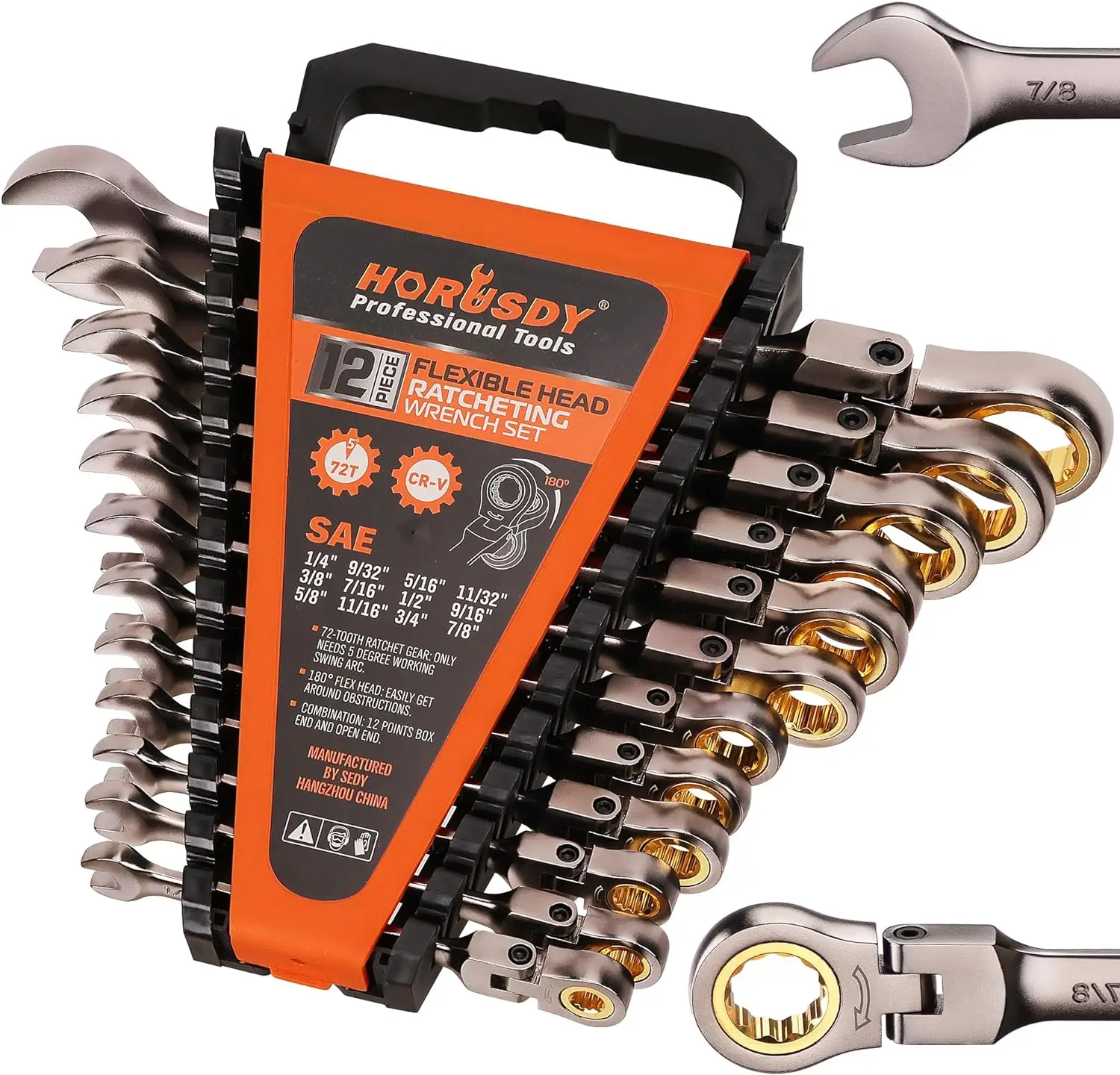 

HORUSDY 12-Piece SAE Flex-Head Ratcheting Wrench Set Set with Organizer | 1/4” to 7/8“ Ratchet Combination Wrenches Set