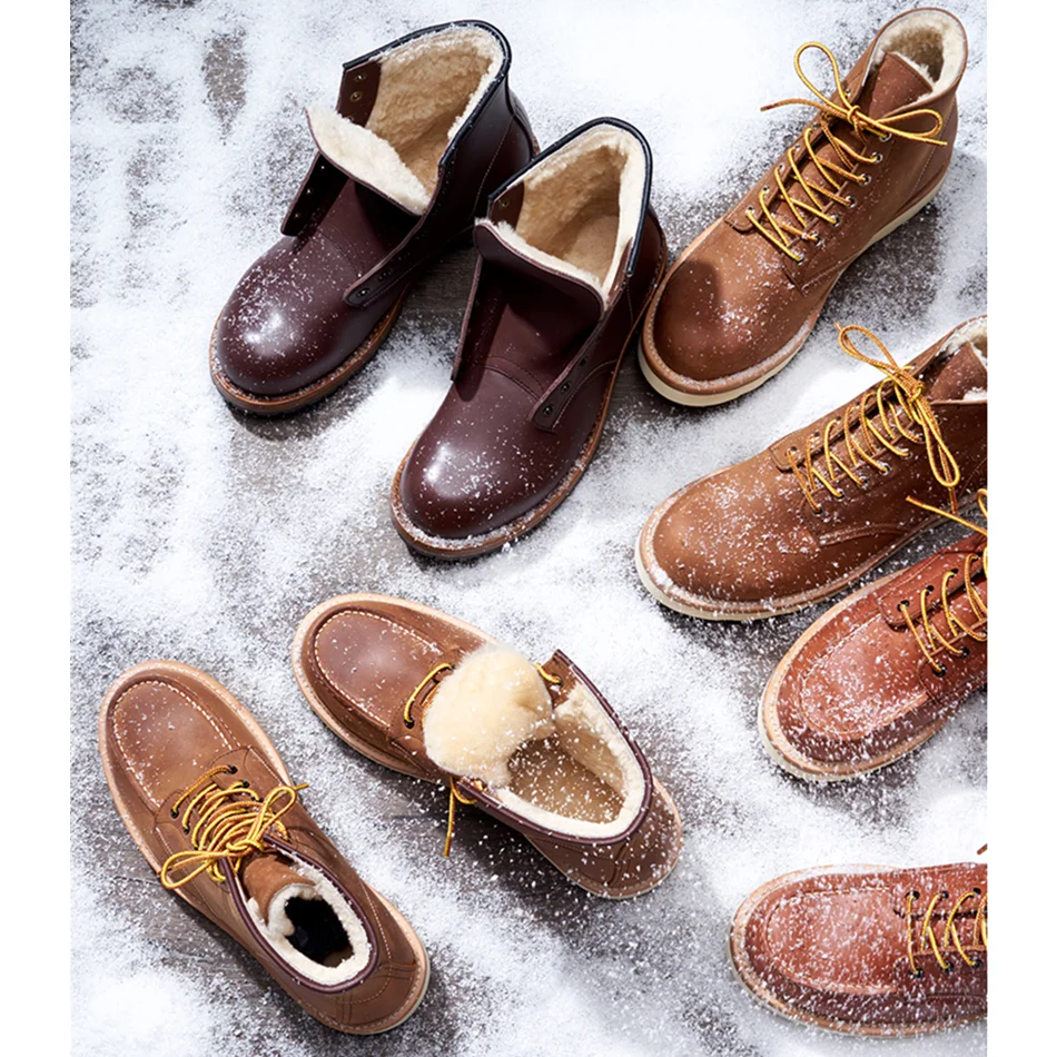 

RAY KWOK Men's Retro Work Boots 875 8111 Winter Warm Wool Boots Amekaji Vintage Merino Wool