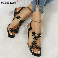 여름 여성 샌들 Pvc 크리스탈 꽃 장식 Chunky Heel Peep Toe Back 스트랩 탄성 밴드 우아한 패션 신발 숙녀 1