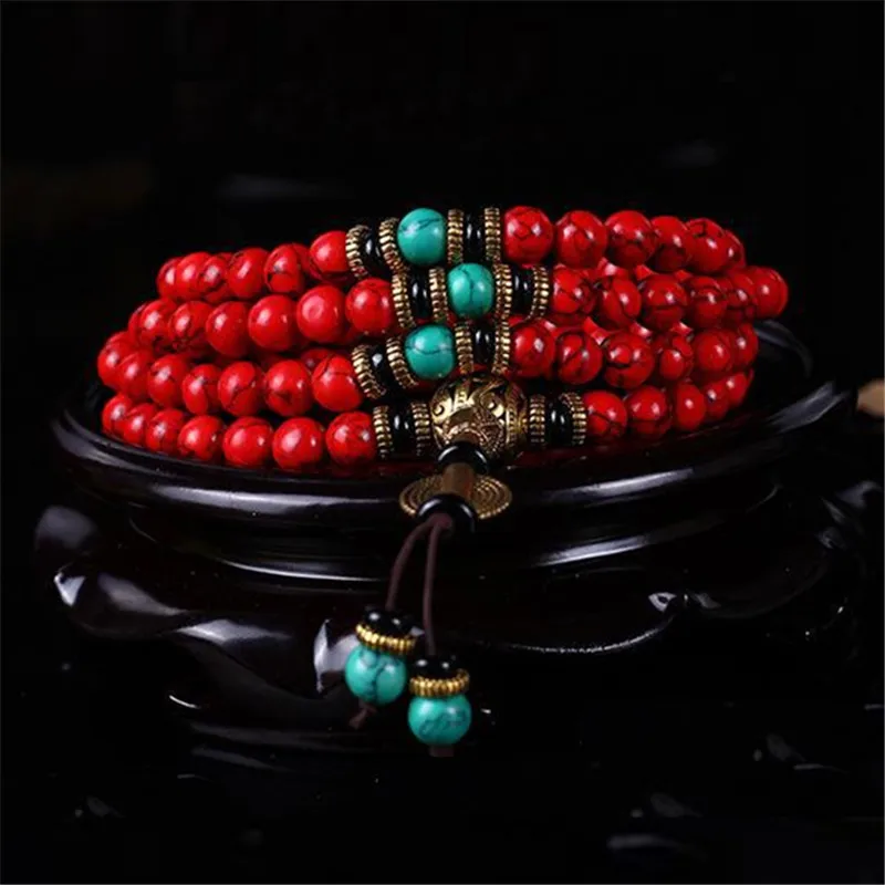 Charms Yoga roter türkis farbener Stein mit Quasten armband hand geknüpfte Buddha Gebets perlen Meditation Mala Halsketten Armbänder