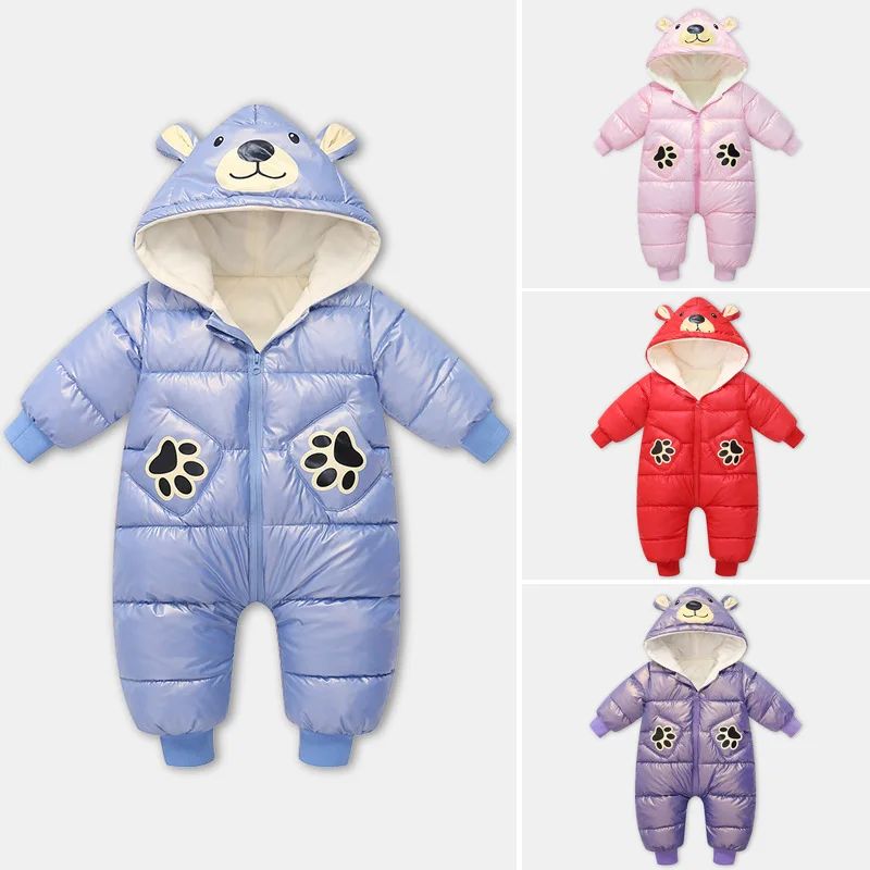 

Newborn jumpsuit thickened cotton no-clean romper boys and girls cartoon bear ears jumpsuit warm jumpsuit winter