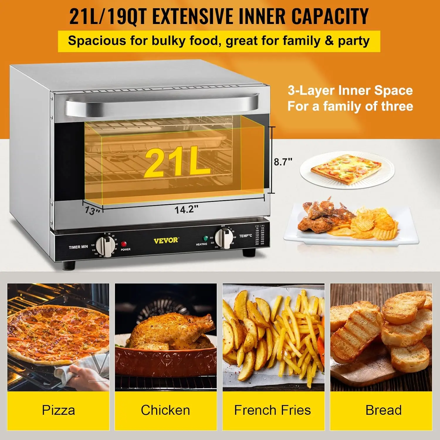 Convection Oven, 21L/19Qt, Quarter-Size Conventional Oven  , 1440W 3-Tier Toaster w/Front Glass Door, 3