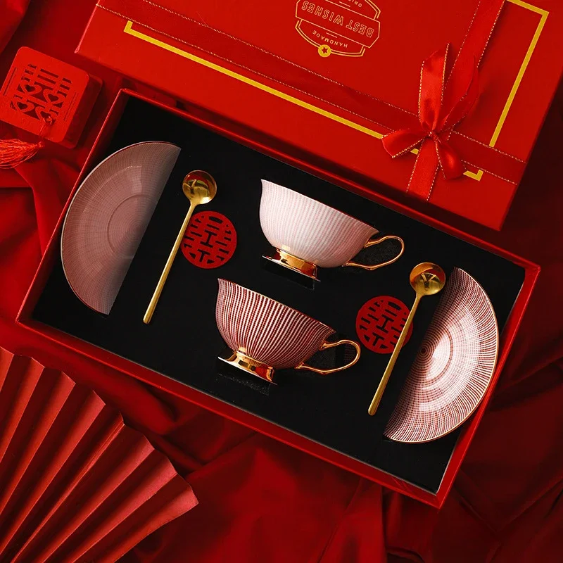 European Bone China Coffee Cup & Saucer Set, Elegant Tea Time Pair Cups, Dishwasher Safe Home Gift Box for Afternoon Tea Decor