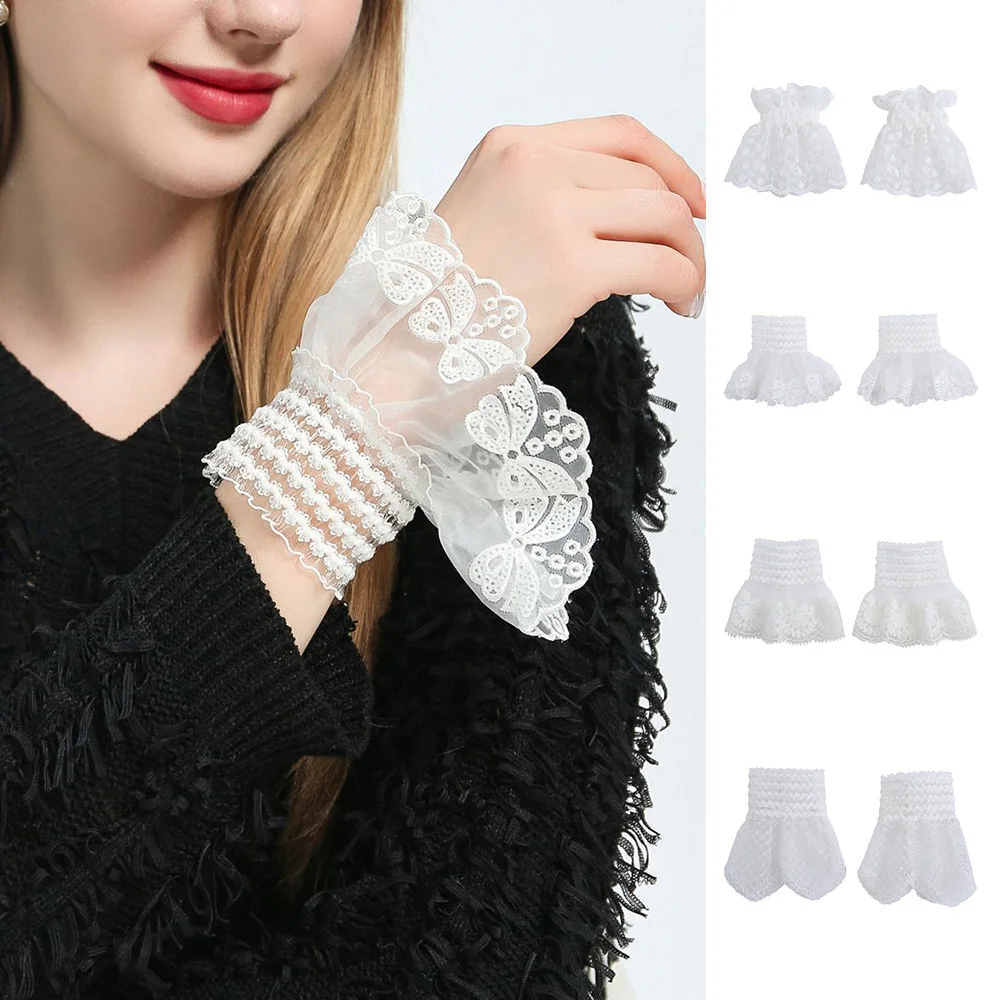 

White Detachable Sleeve Fake Cuffs Women Lace Mesh Pleated Flare Sleeve Ruffles Wristband Hand Sleeves Clothing Decoration