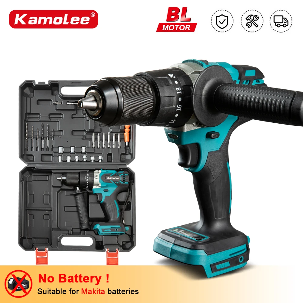 KAMOLEE Electric Impact Drill 13MM, Brushless Cordless Screwdriver Lithium Battery Charging Hand Drill Apply 18V 21V Battery
