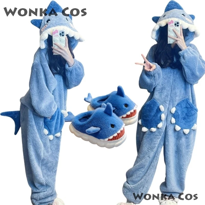 Cartoon Shark Women's Hooded Gawr Sleepwear Kigurumi Unicorn Winter Gura Cosplay Pijama Jumpsuit Christmas Party Loungewear