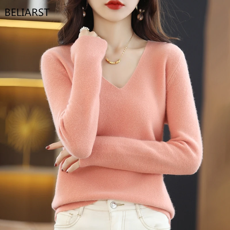 long cardigan BELIARST 100% Merino Wool Sweater 2022 Spring Autumn New Women's V-Neck Pullover Slim Fit Fashion Knitted Bottoming Top cardigan for women