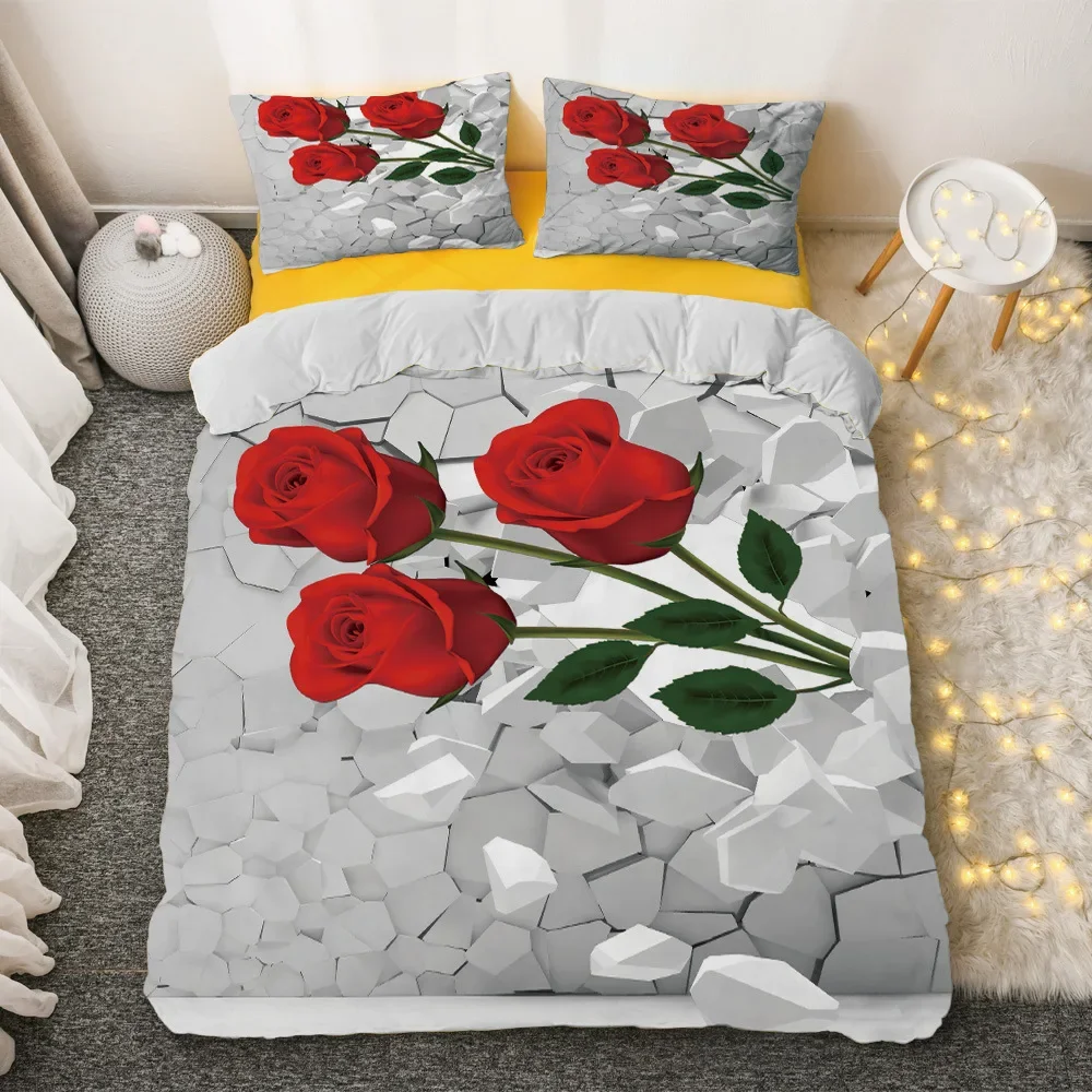 Red Rose King Queen Duvet Cover Romantic Flowers Bedding Set For Kids Teens Adults Girly 3D Floral Black Soft 2/3pcs Quilt Cover