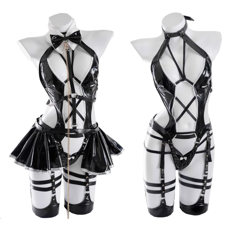 

Devil Girl Leather Suit Maid Uniform Cosplay Costume Woman Bandage Hollow Out Bodysuit Jumpsuits Dress Sexy Pajamas Lingerie Set