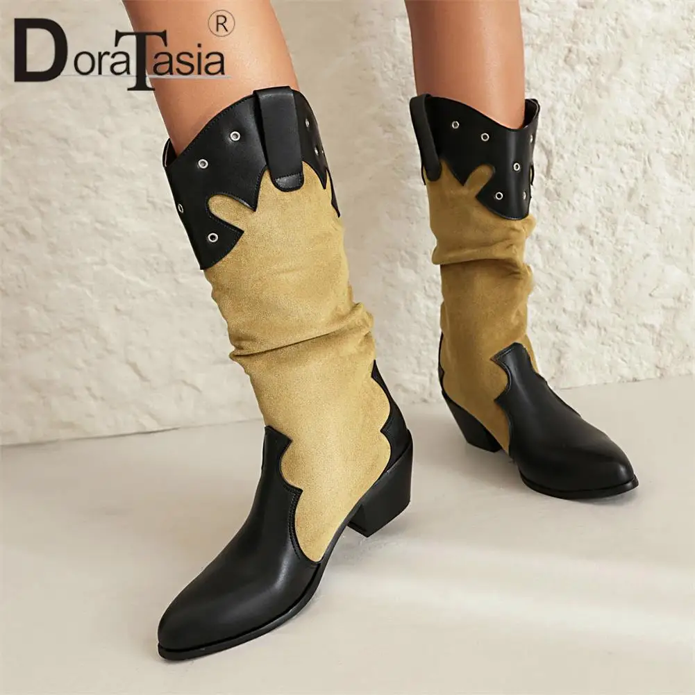 New Ladies Pointed Toe Cowboy Boots Fashion Mixed Colors Chunky Heels women's Western Cowgirl Boots Casual Party Woman Shoes
