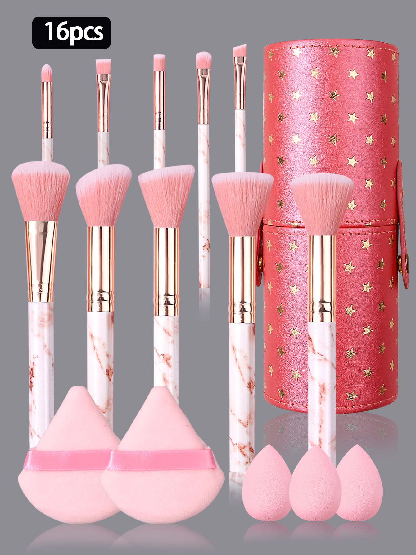 대리석 메이크업 브러쉬 세트, 뷰티 도구 풀세트, 16종 세트, 뷰티 도구 수납함, 파우더 퍼프, 메이크업 스펀지