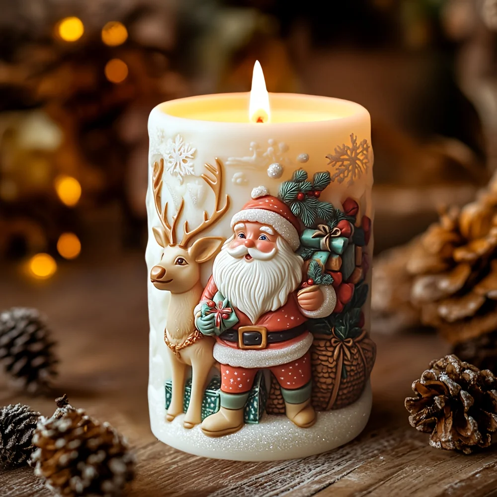 Santa Claus carrying gift relief cylindrical candle silicone mold Santa Claus reindeer Christmas gift relief gypsum resin molds - Image 3