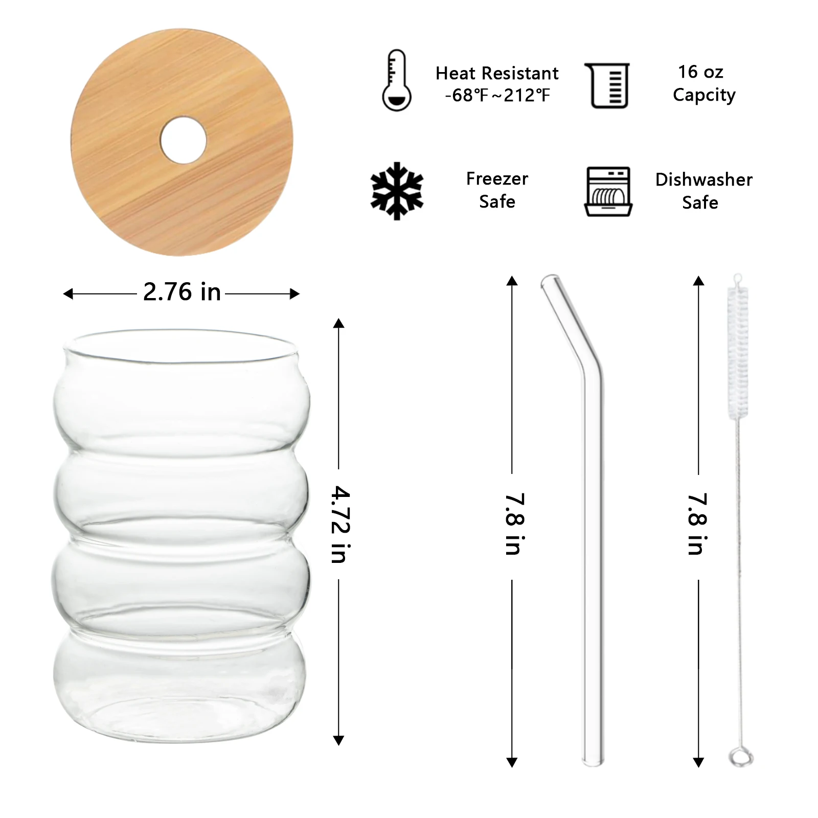 Creative Glass Cup Glass Cup with Lid Straw Heat-resistant Wave Cup Beer Juice Ice Coffee Cups Cocktail Fruit Bubble Glass Drinkware 4PCS