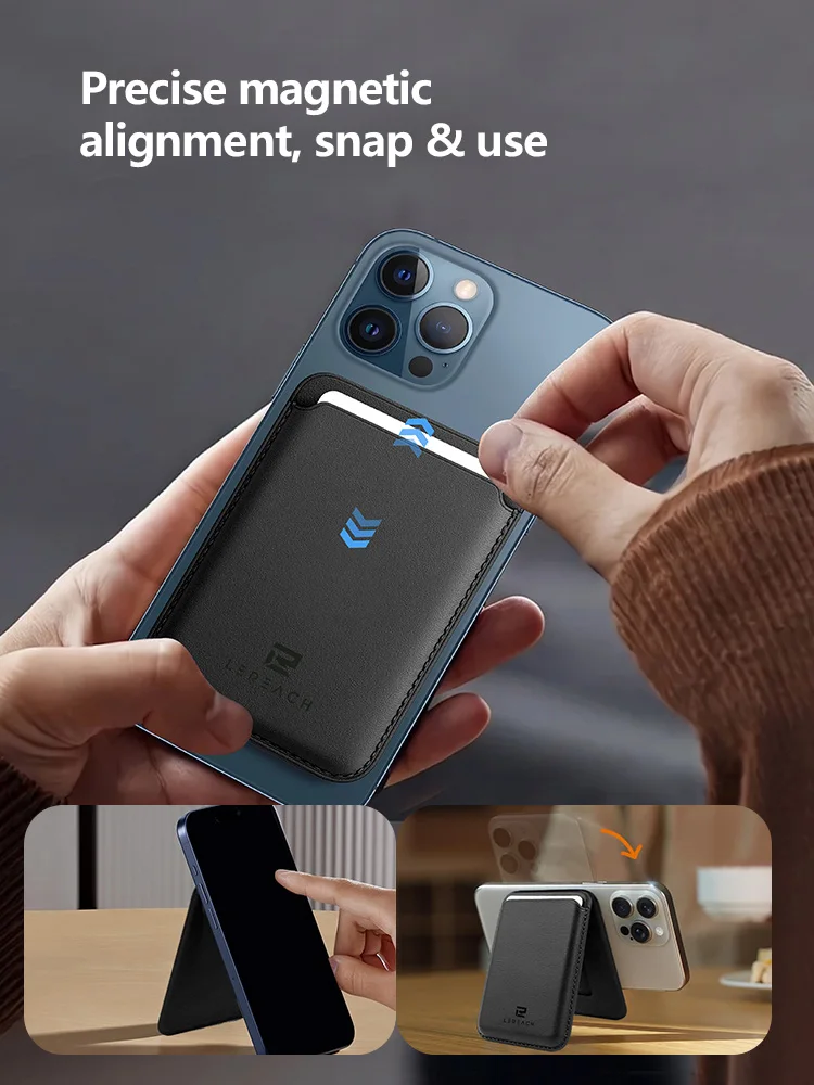 LEREACH 마그네틱 카드 지갑 홀더 (MagSafe 호환) 가죽 접이식 휴대폰 거치대 카드 케이스 포켓