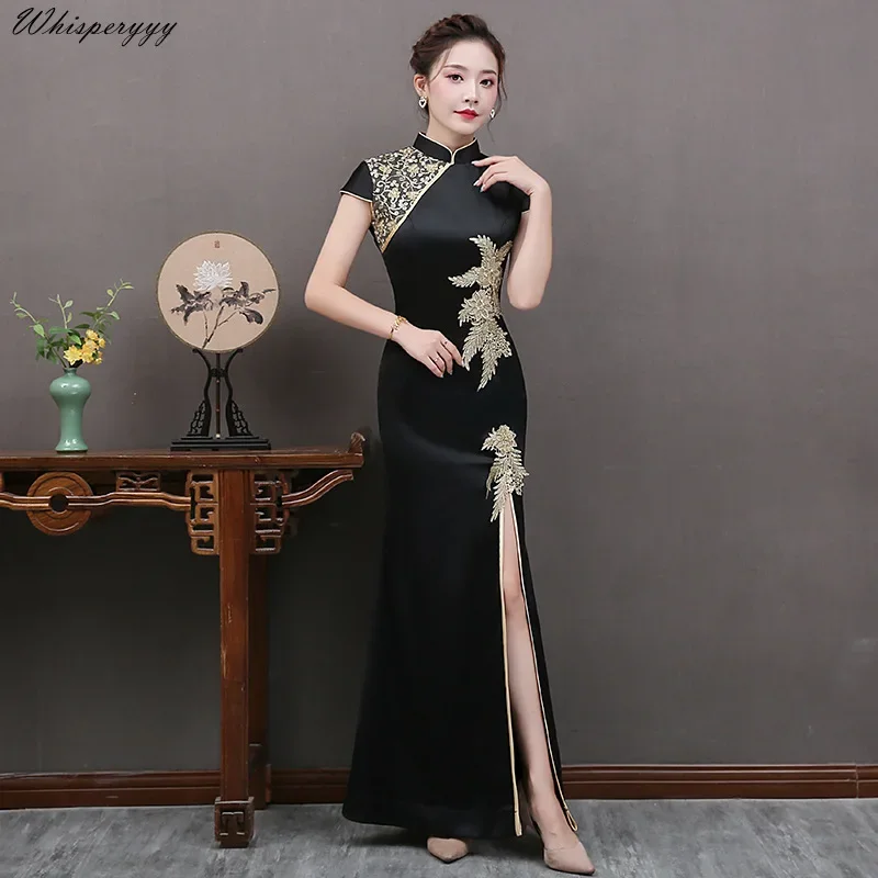 

Sexy Womans Long Cheongsam Lace Flower Summer Vintage Chinese Style Ankle Length Dress Qipao Slim Party Dresses Button Vestido