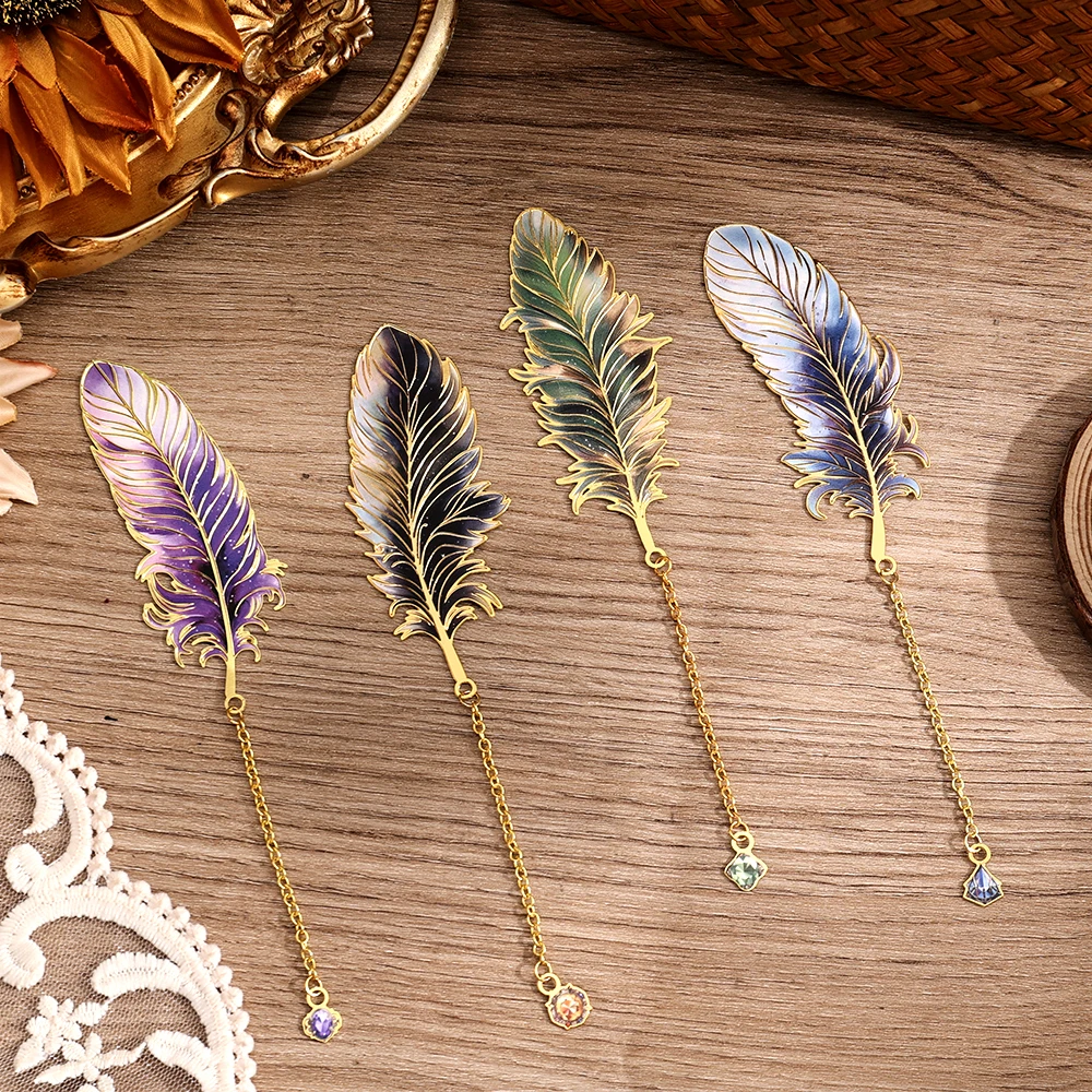 Metal Bookmarks with Chain Pendant Colorful Feather Design 1 pc Unique Gifts for Book Lovers Writers Students Teachers Holiday